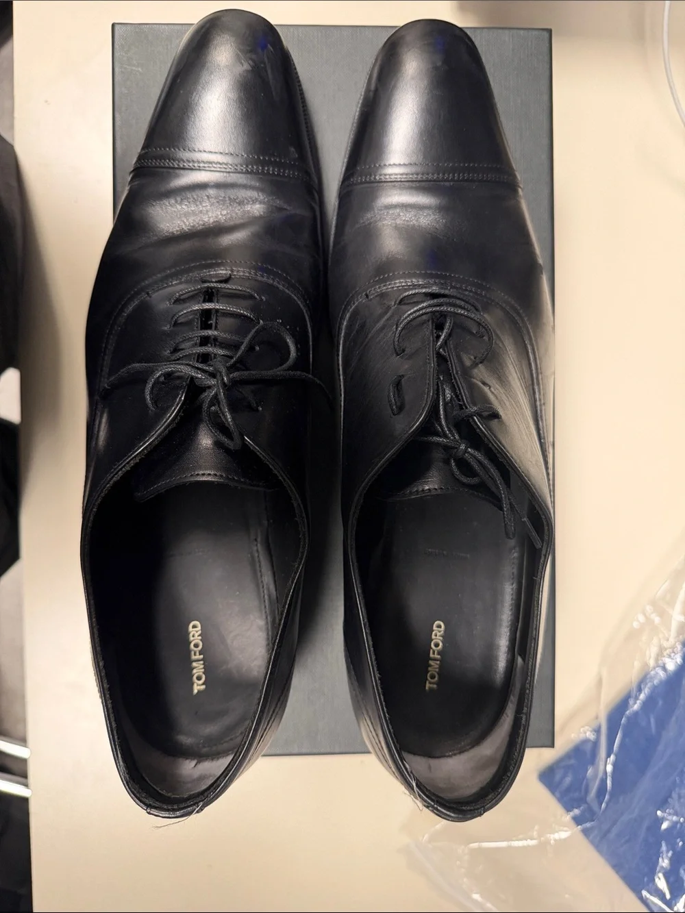Tom Ford Black Leather Cap-Toe Oxfords